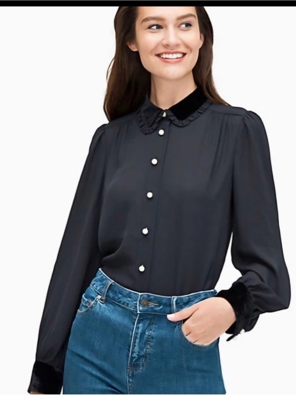 kate spade Black Pearl-Button Velvet-Trim Long Sleeve Blouse